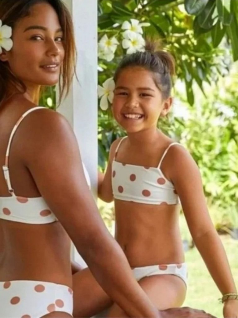 Jenni Kayne Mikoh Cream Kids Bikini Top With Terracotta Polka Dots